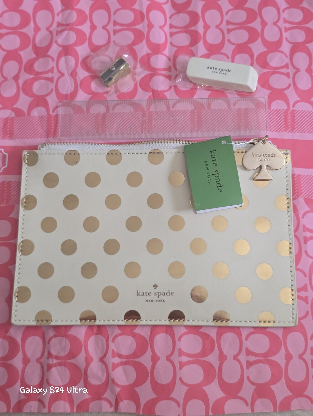 Kate Spade New York Gold Dots Pencil Case/ Pouch NWT w/ Sharpener/ Ruler/ Eraser